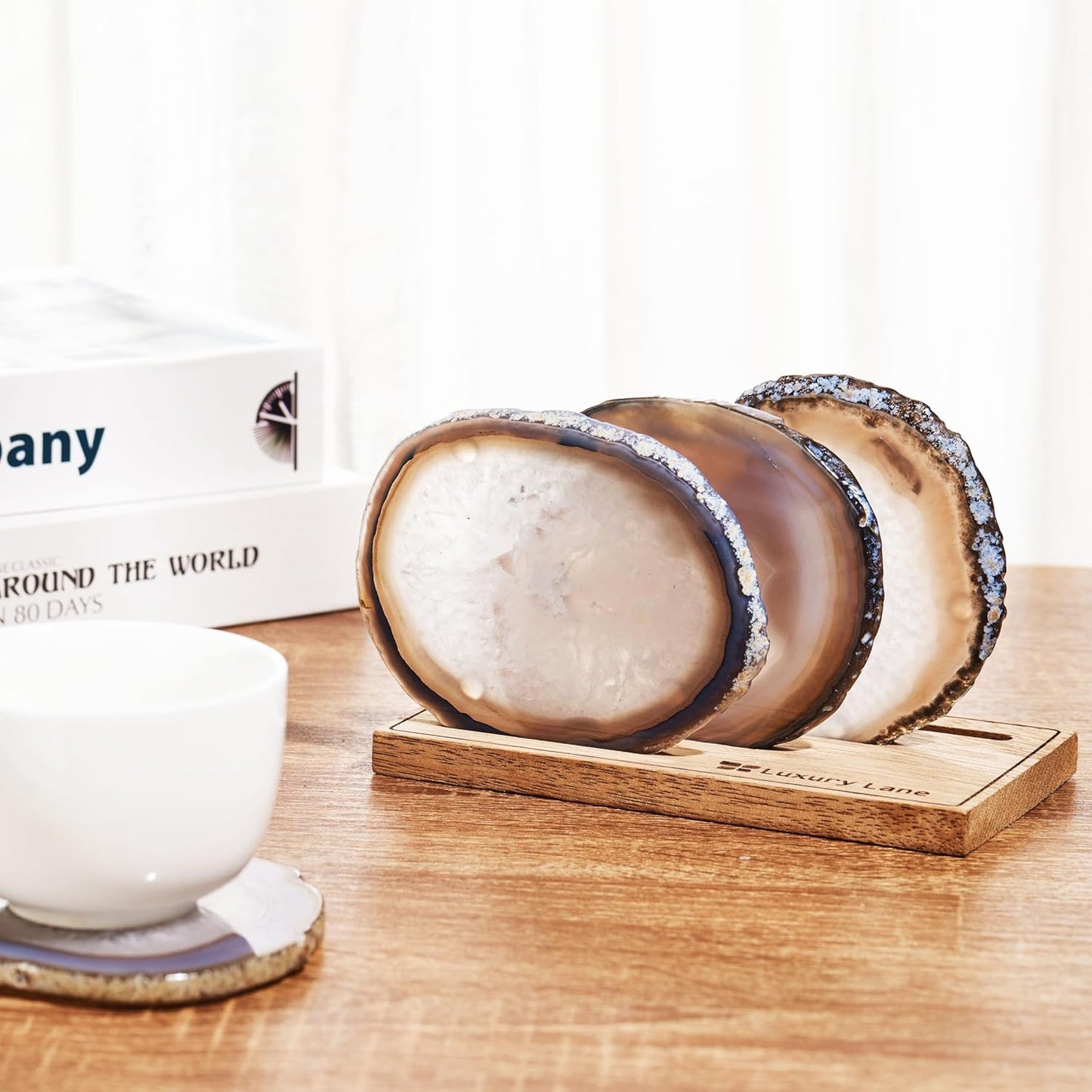 Luxury Lane Set of 4 Large Natural Brazilian Agate Slice Geode Rock Stone Drink Coasters with Wood Holder 4.3-4.7 inch Centerpiece Table Decoration, Ash Gray