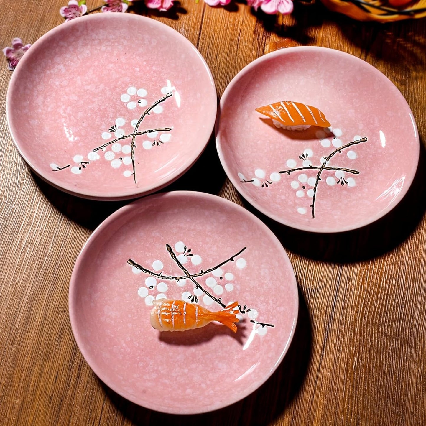 Japanese Ceramic Dinner Plates 7 Inch Pink Plates Set of 4, Cherry Blossom