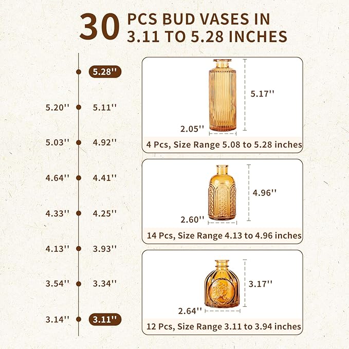 Glass Bud Vases,Small Vase for Flower,Vases for Centerpieces,Vintage Mini Vases for Wedding Decor,Home Table Decorations Diffuse Bottles,Ideals for Gifts(Pack of 30,Dark Brown)