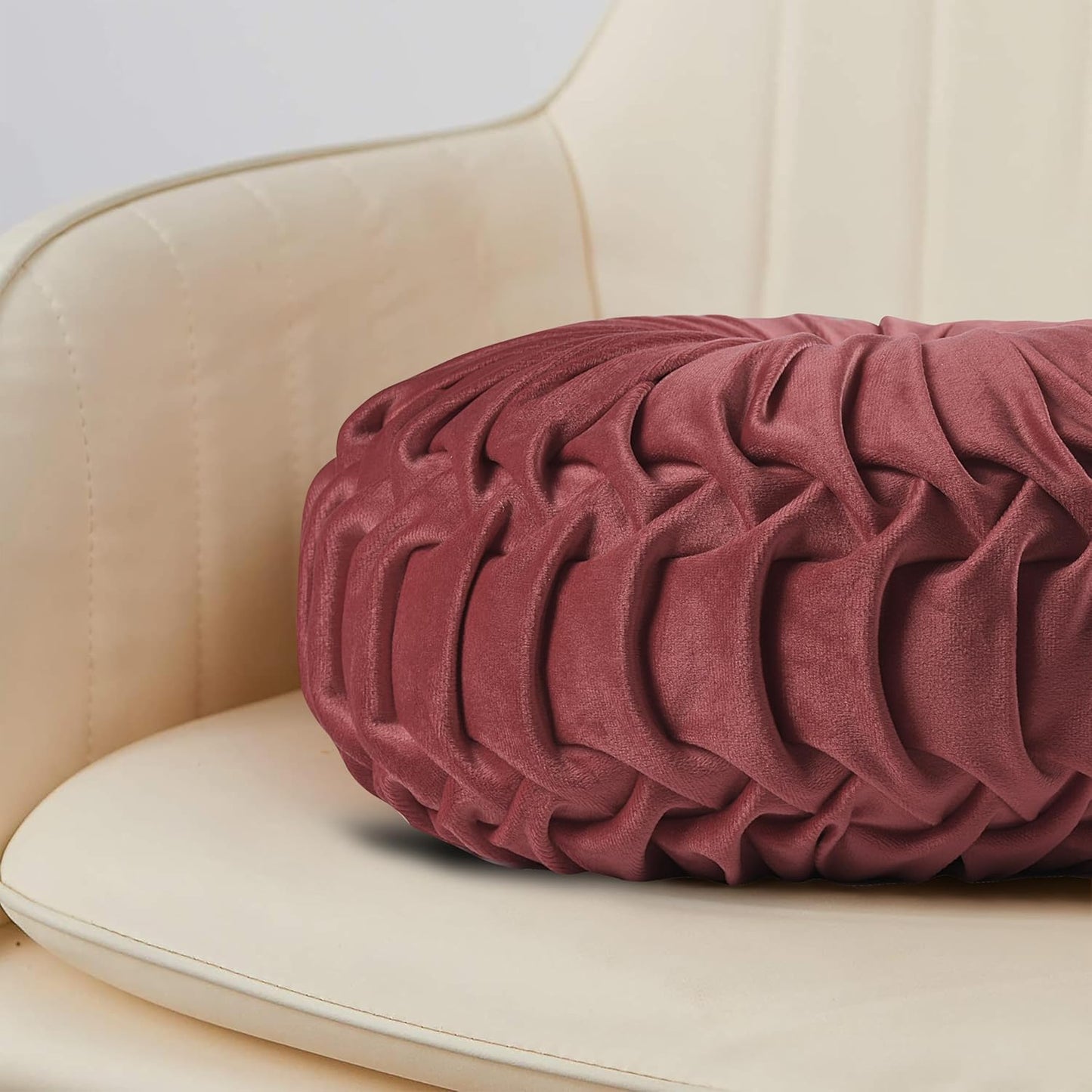 HIG Set of 2 Decorative Round Pleated Throw Pillows,Classy Accent Pumpkin Throw Pillows with Center Button,Vintage Velvet Floor Pillows for Sofa Vanity Chair Bed,Dusty Rose,14.5" Diameter(Ripple)