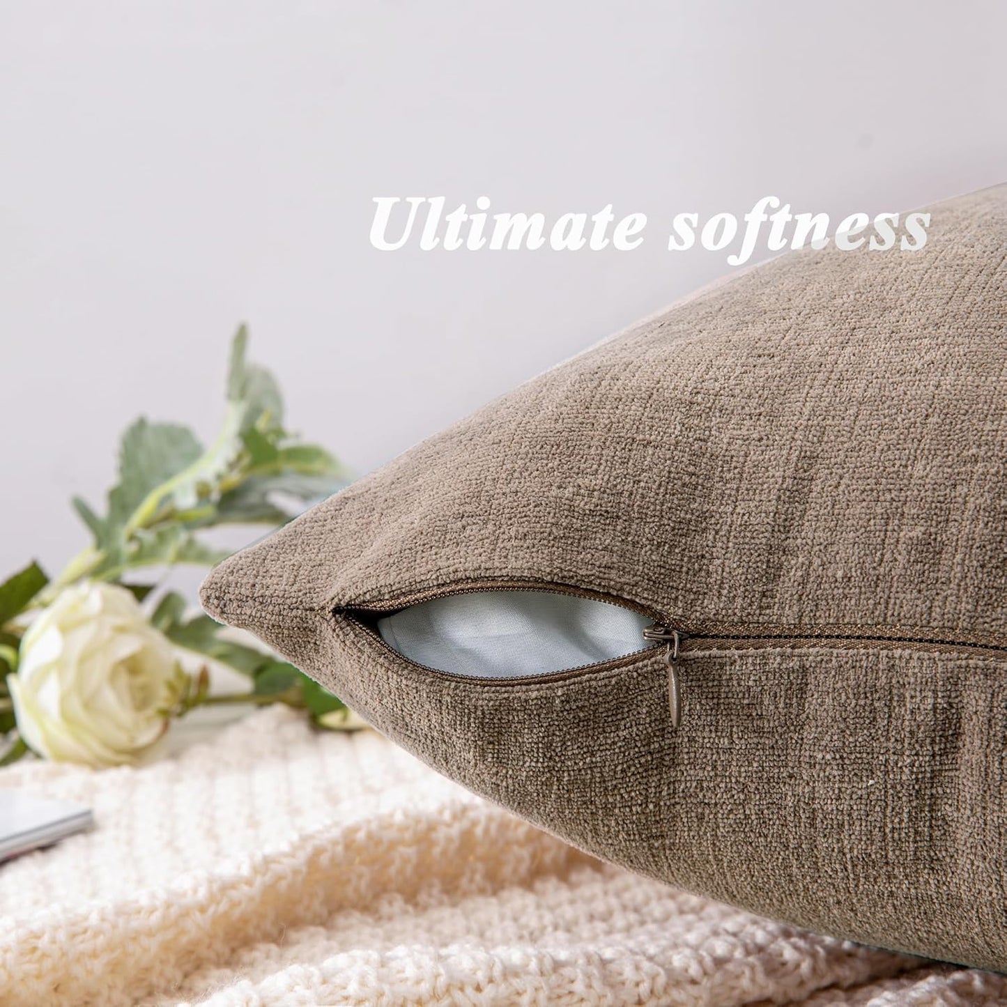 GAWAMAY Decorative Square Throw Pillow Covers Set of 2, Super Soft Chenille Farmhouse Fall Pillowcase for Living Room Bedroom Sofa Couch Home Decoration Cushion Cover Taupe Grey 55x55cm/22x22