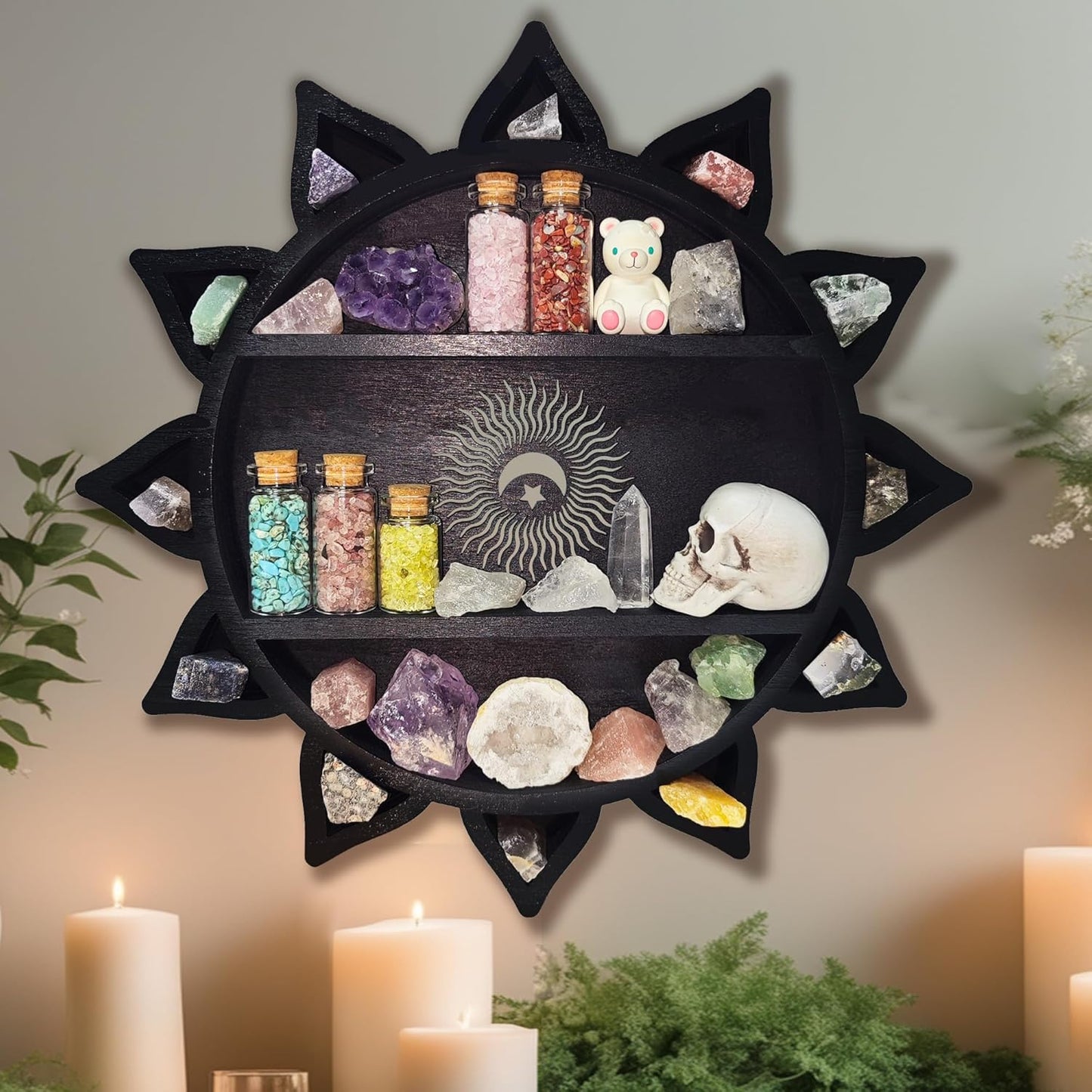 Crystal Shelf Display for Wall, Crystal Display Shelf Chakra Wooden Lotus Flower Crescent Moon Shelf Wall Decor, Decorative Home Floating Shelf Stone Storage Gem Holder Boho Hanging Organizer