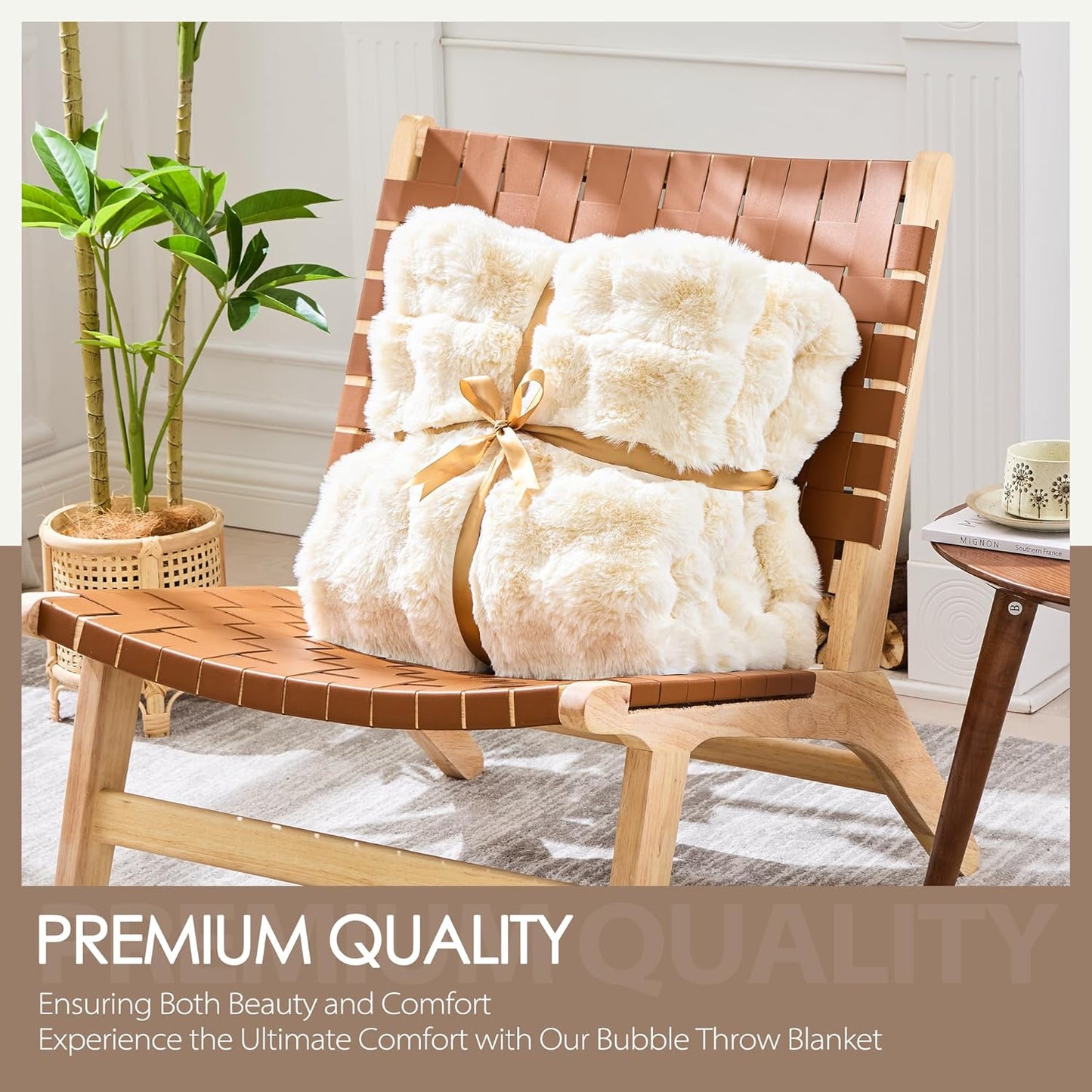 Luxury 1000GSM Faux Rabbit Fur Throw Blanket, Super Heavy Warm Cozy Blankets for Couch Bed Sofa, Bubble Plush Fuzzy Elegant Soft Reversible Mink Blanket for Living Room Bedroom, Cream White