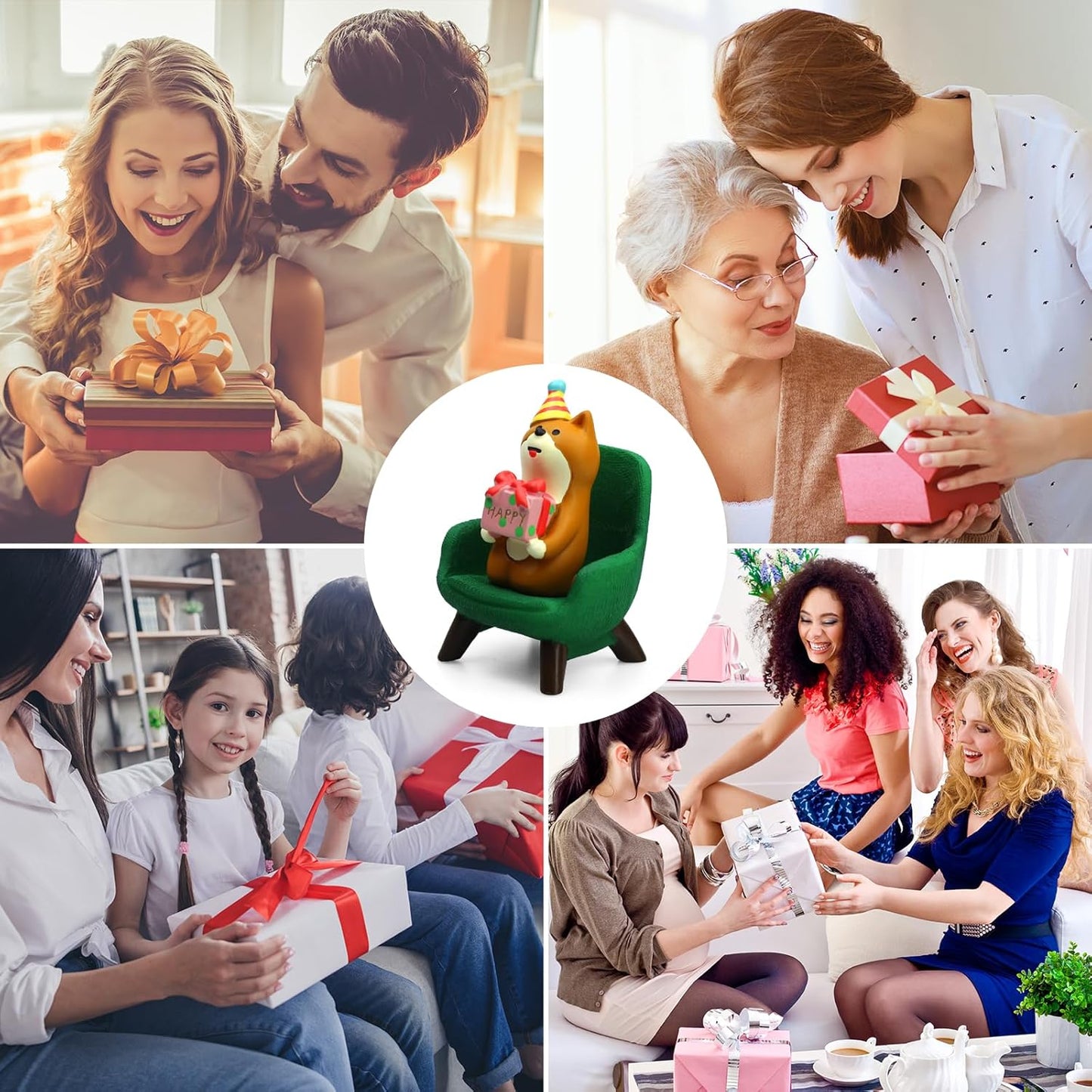 Cute Mini Puppy Holding a Gift Figurine - Resin Dog for Office, Home Decoration for Dog Lovers - Green Sofa