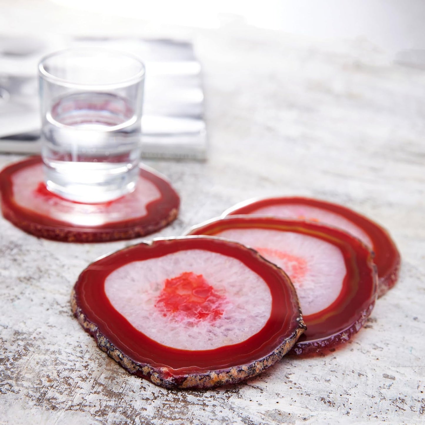 Luxury Lane Set of 4 Large Natural Brazilian Agate Slice Geode Rock Stone Drink Coasters with Wood Holder 4.3-4.7 inch Centerpiece Table Decoration, Red