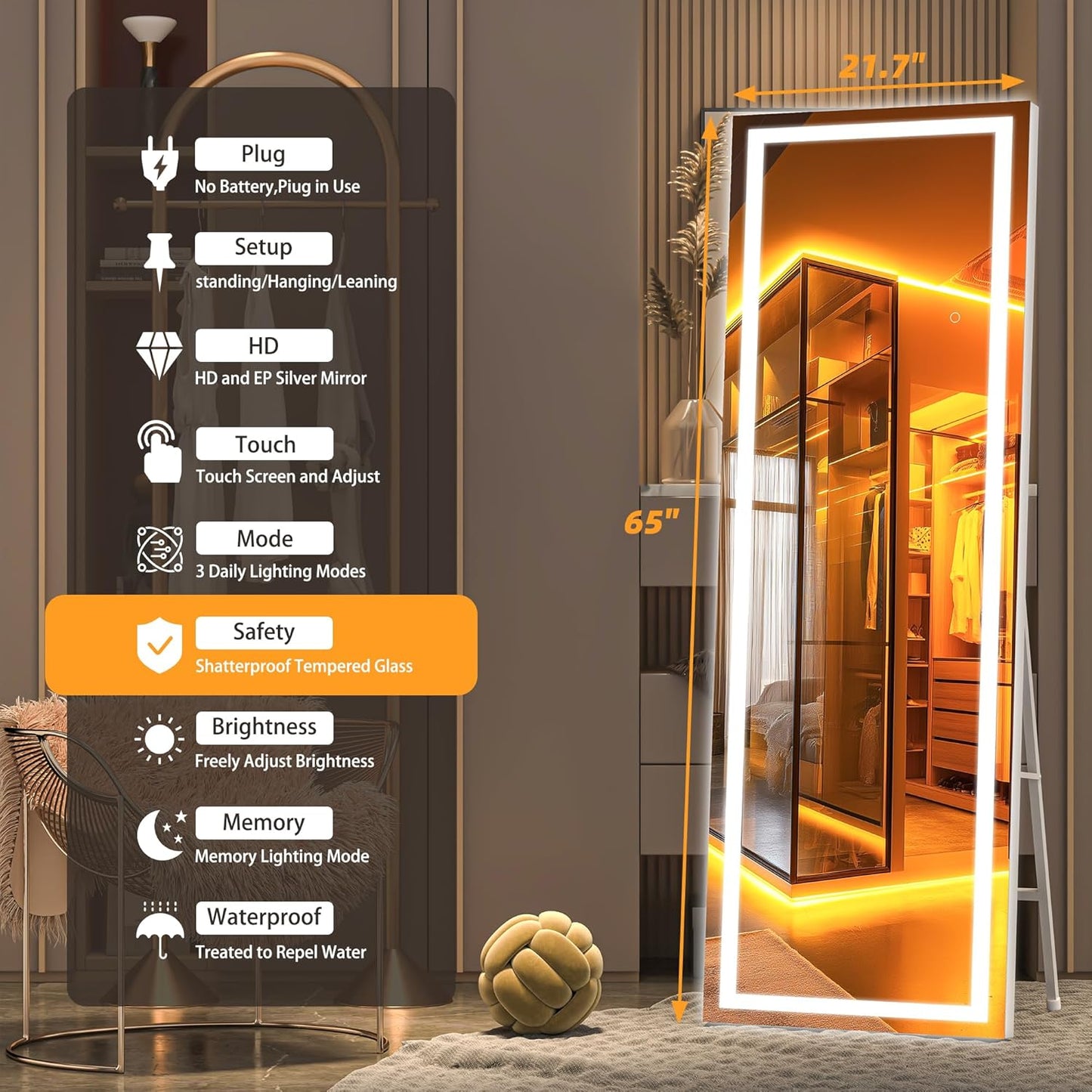 Hasipu Full Length Mirror with Lights, 65" x 21.7" LED Floor Mirror, Full Body Dressing Standing, Hanging Mounted Mirror for Living Room Bedroom Cloakroom, Square White