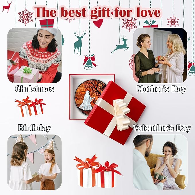 Stained Glass Window Hanging - Halloween Ghost Holding A Pumpkin Lantern Suncatcher for Door Garden Spooky Tree Sun Catchers Gothic Decorations Horror Gifts for Women Men Friend 6.3 in