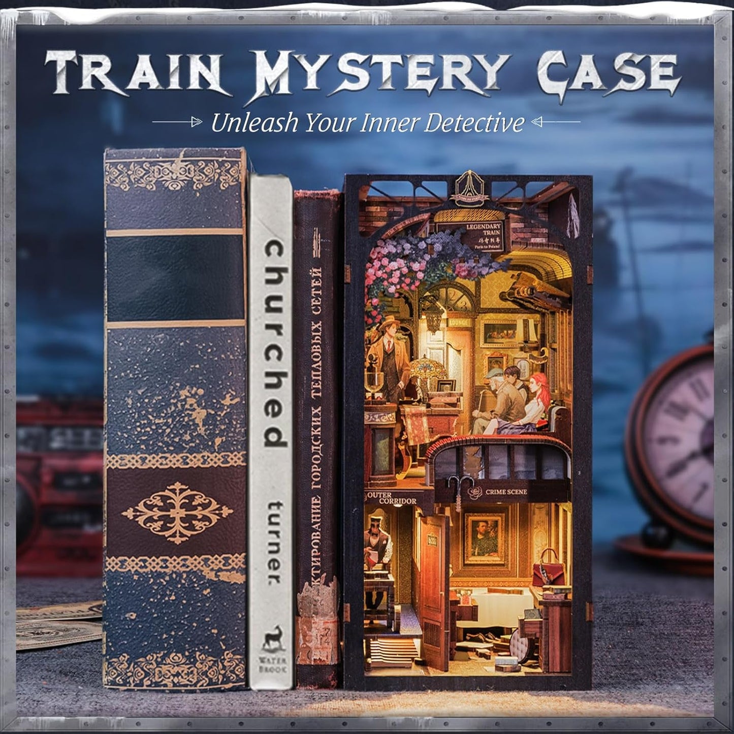 Cutefun Book Nook Kit, DIY Miniature House Kit for Teens, Book Nook Kits for Adults, Wooden Dollhouse for Bookshelf Decor, Model Building Creativity Gifts for Family & Friends (Train Mystery Case)