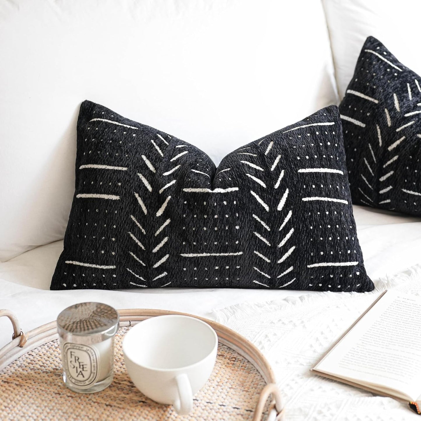 BlissBlush Black Decorative Lumbar Throw Pillow Covers 12X20, Set of 2, Boho Farmhouse Cushion Cover, Soft Accent Pillowcase for Couch Sofa Bed Living Room Home Décor