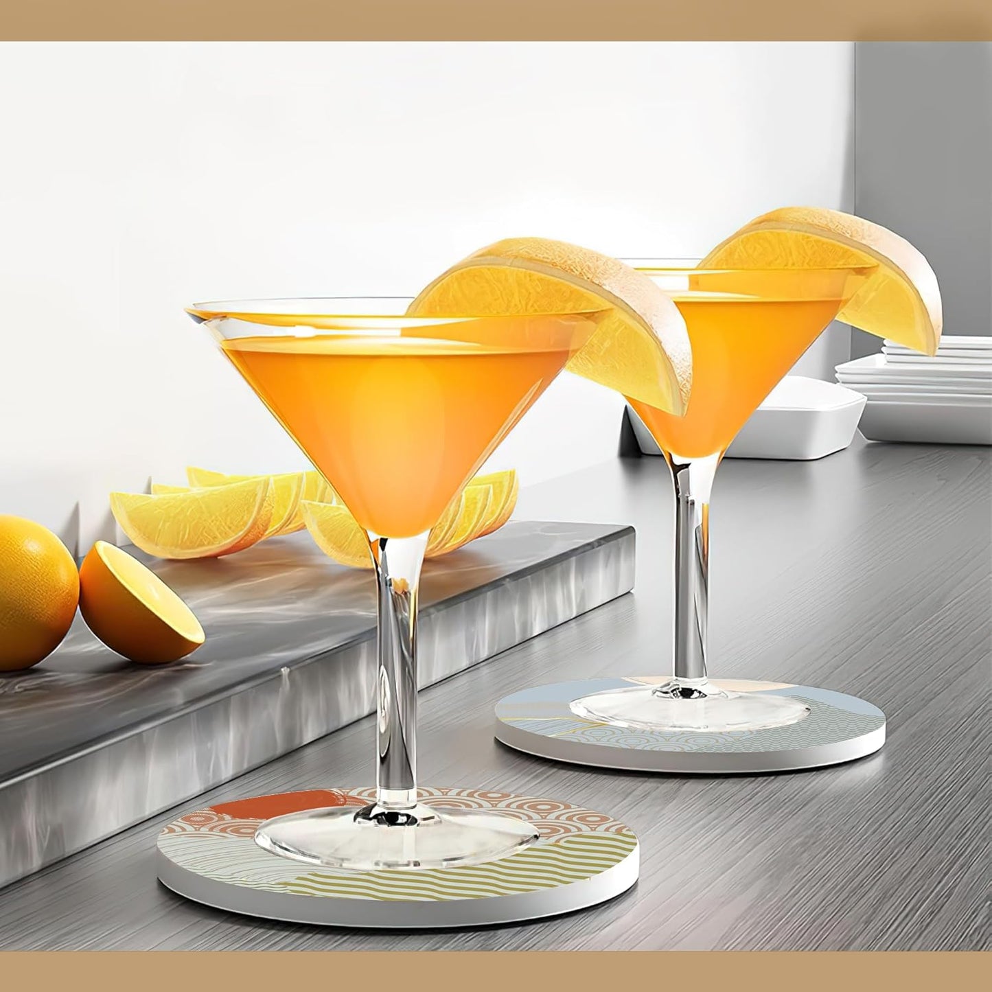 Drink Coasters with Holder,6 Pcs Japanese Style Sun Landscape Coffee Cup Mat with Storage Holder, Durable Ceramic Coaster Set for Hot & Cold Beverages