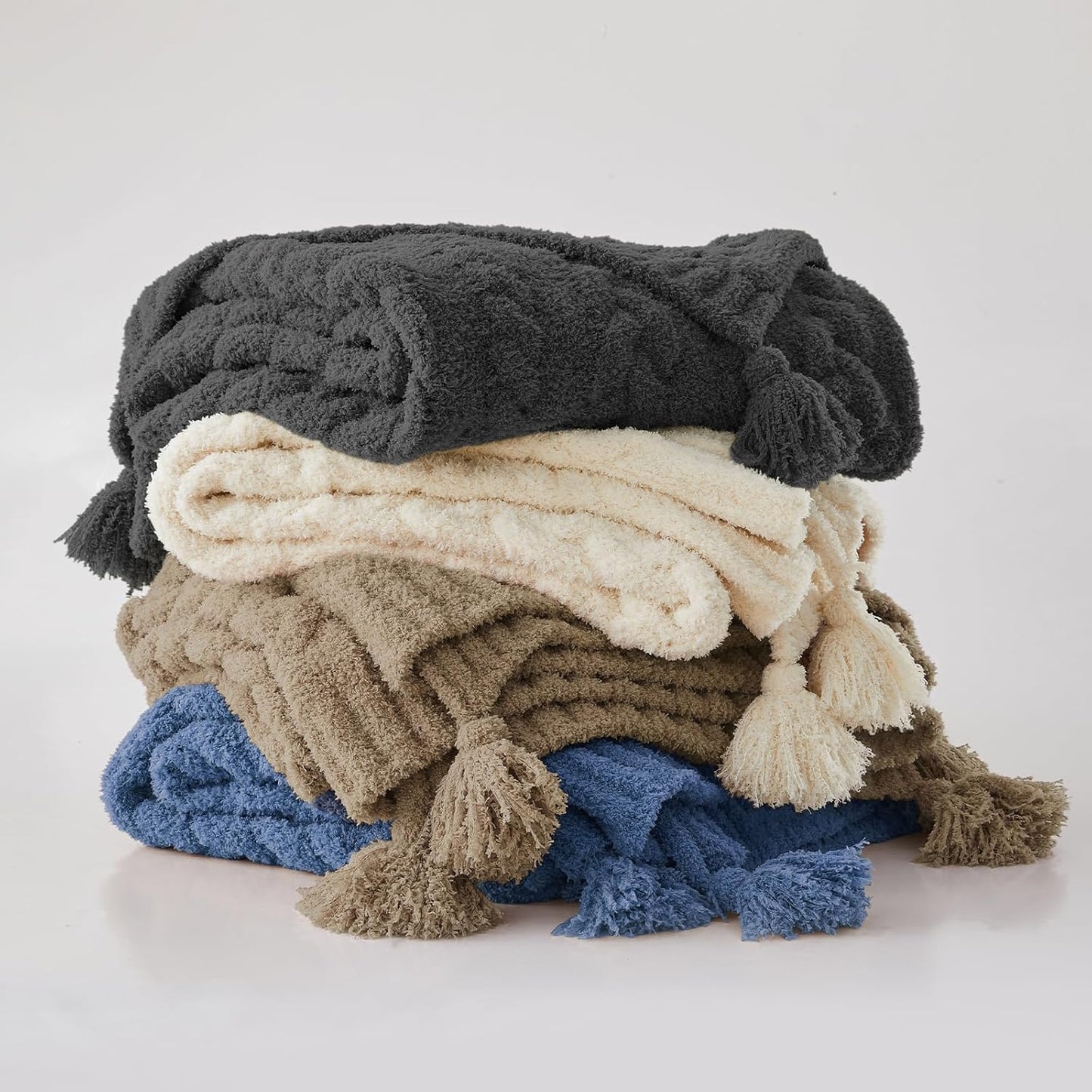 HORIMOTE HOME Chenille Chunky Knit Throw Blanket for Couch with Tassels, Soft Cozy Blanket for Sofa Chair Bed, Blue, 50"x 60"