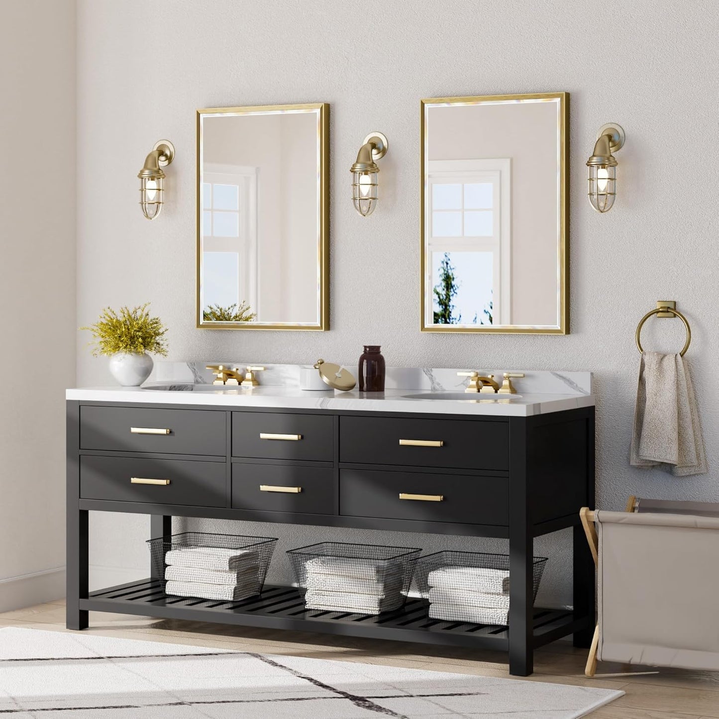 Gold Bathroom Mirror, 24x36 Brushed Gold Bathroom Mirror Beveled Edge, Gold Framed Rectangle Bathroom Vanity Mirror, Anti-Rust Brushed Brass Metal Frame Wall Mirror Vertical/Horizontal