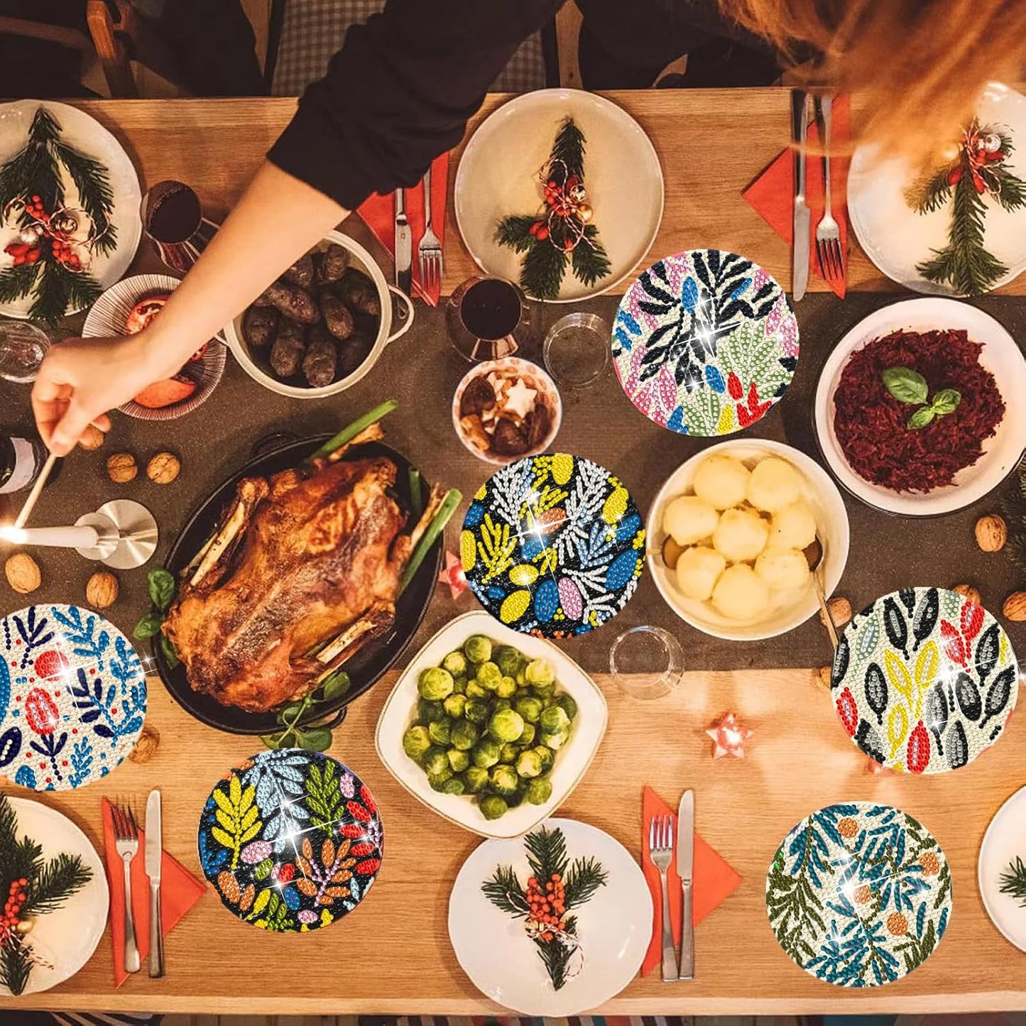 DOTSOPS 8 PCS Diamond Painting Coasters with Holder Diamond Art Coasters with Cork Base for Beginners Adults Craft Supplies Party Flower