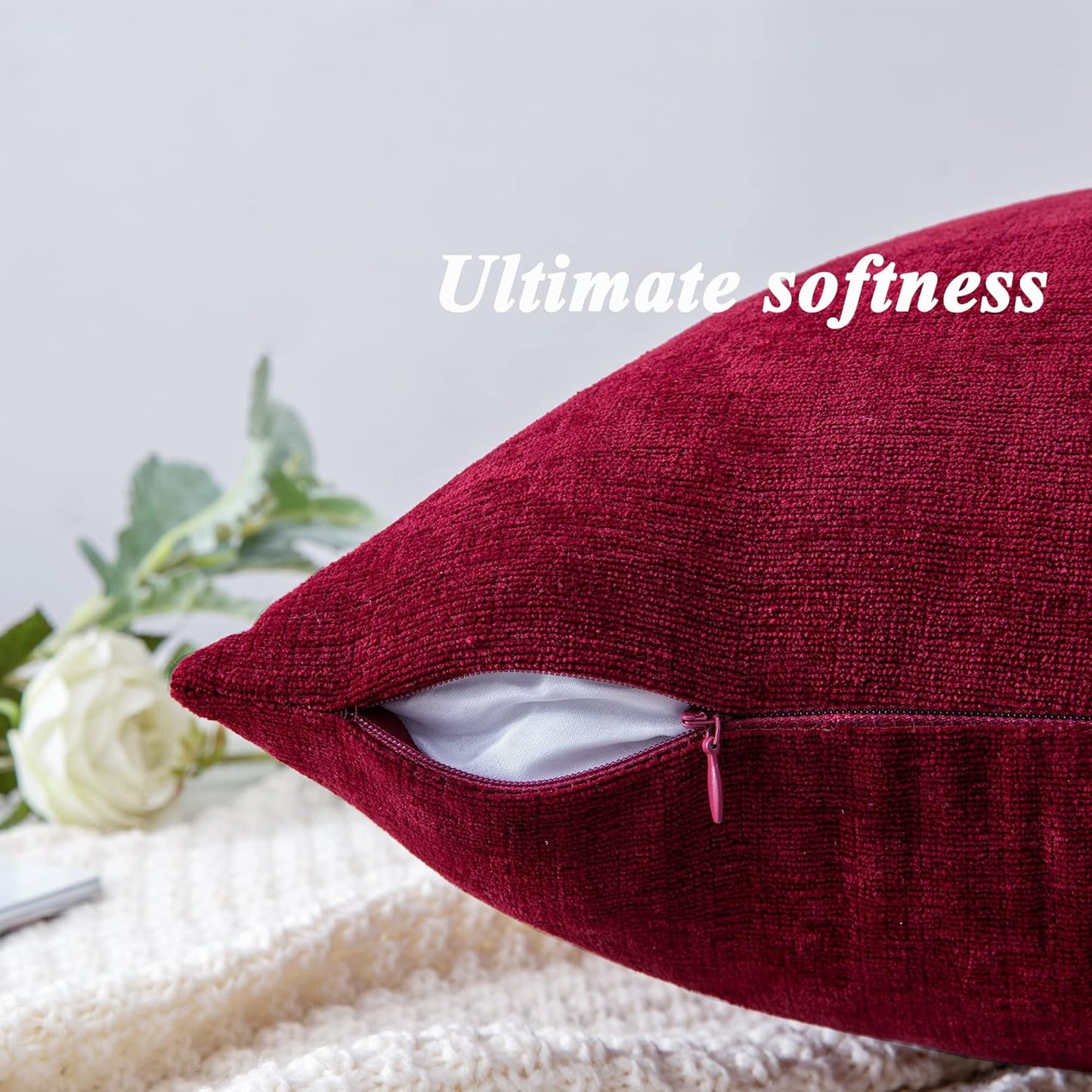 GAWAMAY Decorative Chenille Throw Pillow Covers 24x24 Inch Pack of 2, Soft Square Couch Pillow Cover for Sofa Cushion Living Room Bedroom Pillowcases Burgundy Red 60x60cm (ONLY Covers)