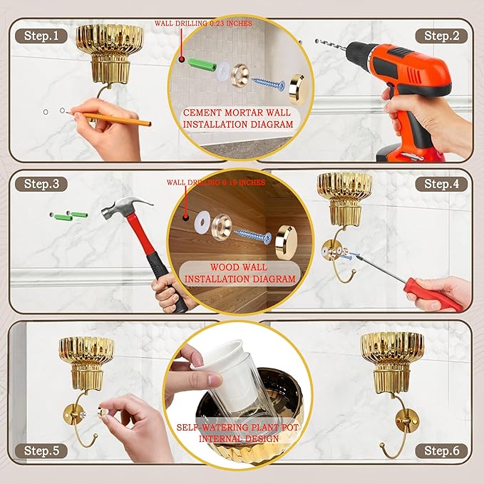 Hanging Plant Wall Vessel for Flowers with Hook, Indoor Outdoor Boho Bathroom Decor Wall Art Planter Mounted Vase (Gold)