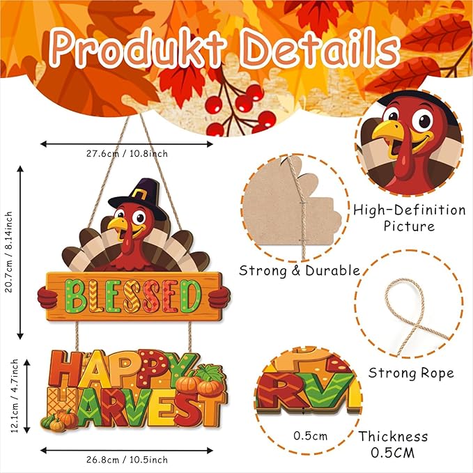 Thanksgiving Turkey Door Hanging,Autumn Turkey Shape Door Decor,Happy Harvest Wooden Sign,Fall Bless Harvest Wall Plaque,Thanksgiving Hanging Sign,Give Thanks Wall Sign for Farmhouse Home Room