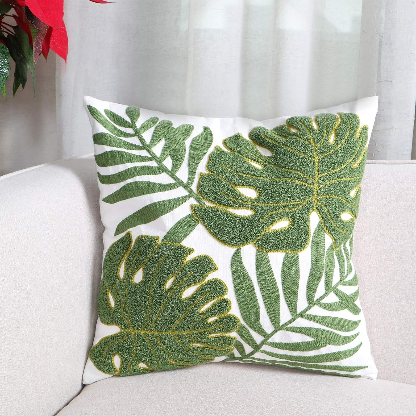 Embroidery Throw Pillow Covers 18x18 Home Decor Loop Tropical Green Leave Floor Pillow Cover for Couch 100% Cotton Canvas Cushion Cover Pillow Case Plant Monstera Leaf 45x45, 1 Piece