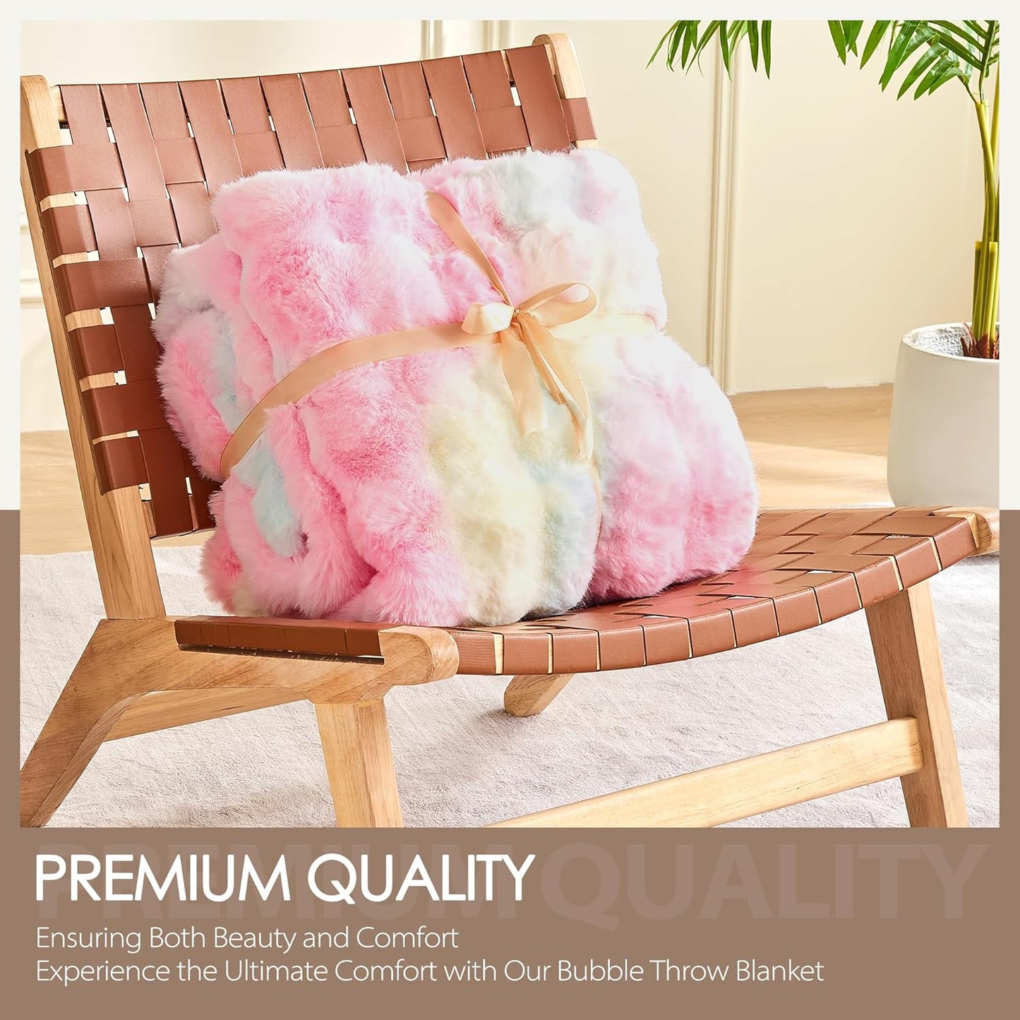 Luxury 1000GSM Faux Rabbit Fur Throw Blanket, Super Heavy Warm Cozy Blankets for Couch Bed Sofa, Bubble Plush Fuzzy Elegant Soft Reversible Mink Blanket for Living Room Bedroom, Rainbow