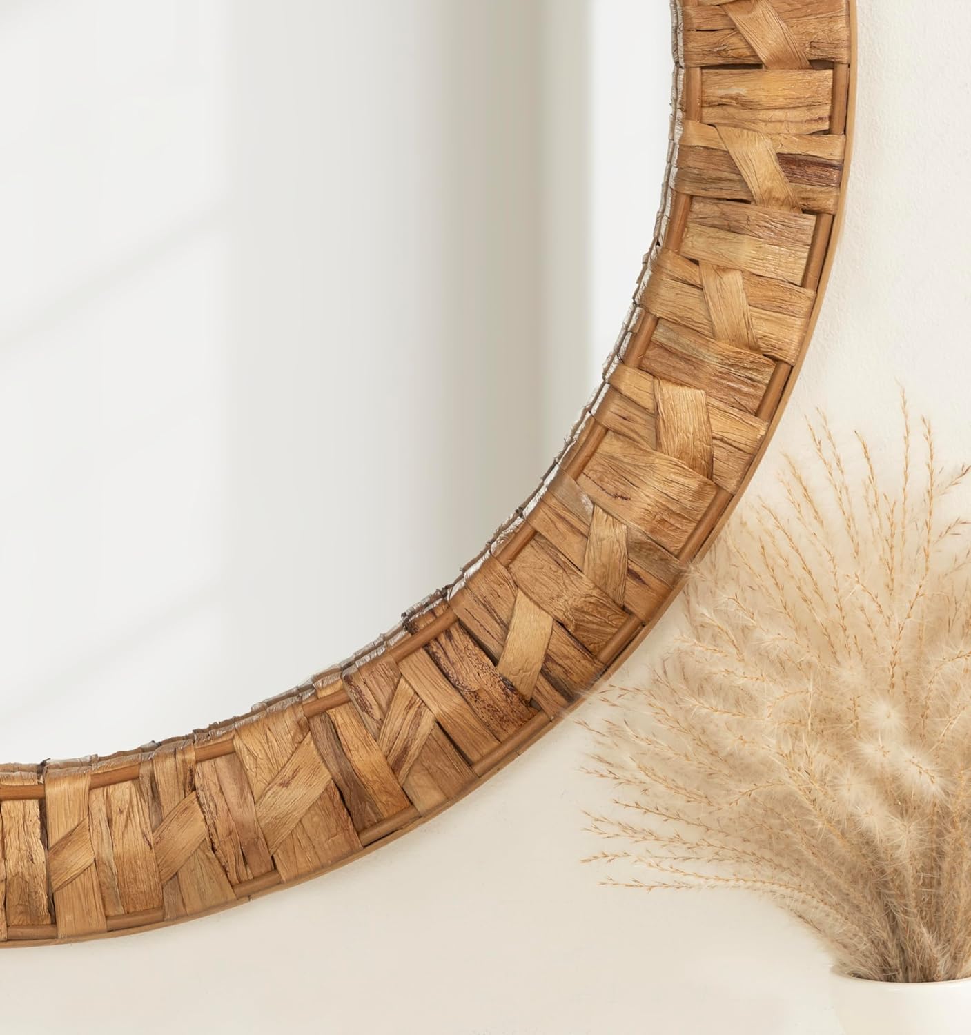 Kate and Laurel Laalima Boho Woven Round Mirror, 26 Inch Diameter, Rustic Brown, Decorative Circle Mirror with Authentic Water Hyacinth Frame for Coastal Mirror Decor