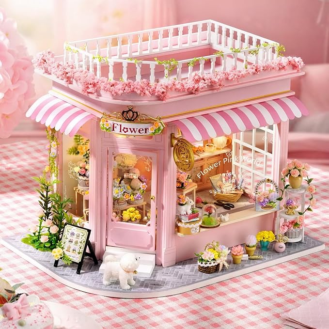 TuKIIE DIY Miniature House Kit with Furniture, 1:24 Scale Creative Room Mini Wooden Dollhouse Book Nook Plus Dust Proof & Music Movement for Kids Teens Adults(Flower Shop)