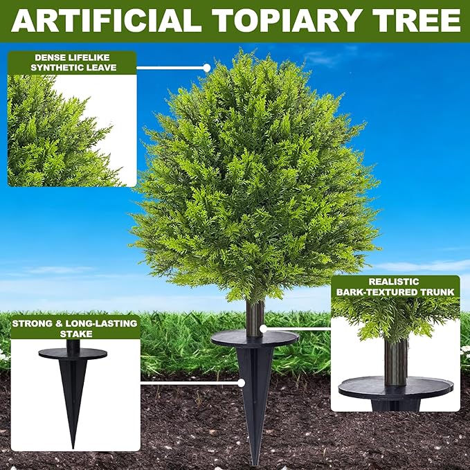 2 Pack 24”Artificial Topiary Ball Tree with Spike Soft Cypress Realistic Faux Cedar Pines Christmas Trees UV Rated Fake Shrubs for Christmas Pot Fillers Front Door Porch Indoor Outdoor Xmas Decor
