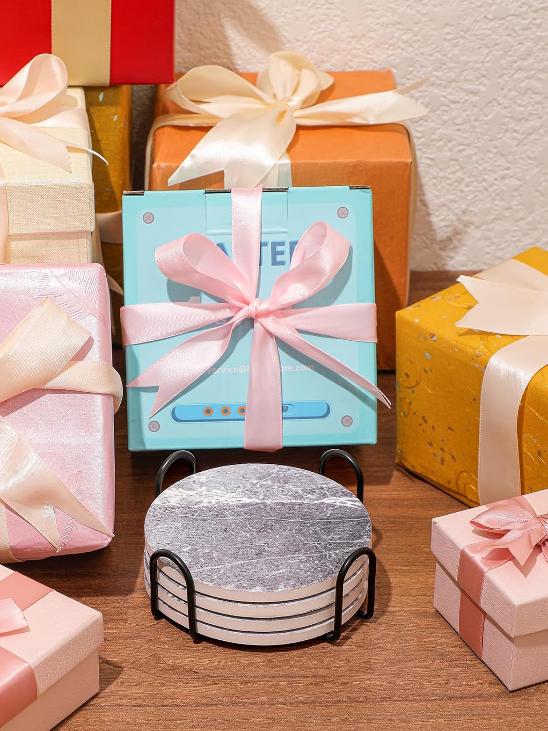 LIFVER Drinks Coasters Set of 4, Living Room Decor, Ceramic Absorbent Coasters with Cork Base, Protect Wooden Table or Furniture from Scratched, Drink Coasters with Holder - Grey