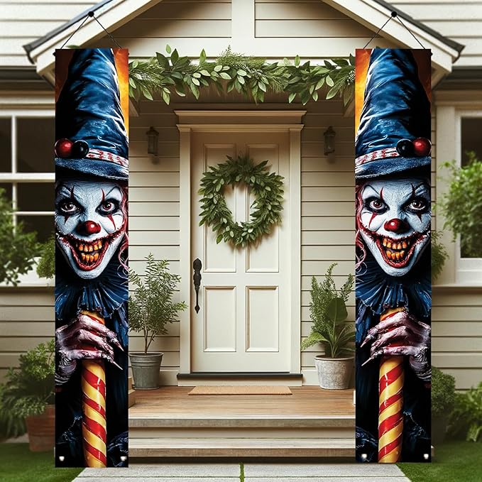 2PCS Halloween Porch Banner Decorations Scary Clown Door Signs 71 x 12 Inch Creepy Outdoor Indoor Halloween Front Door Decor Haunted House Wall Fireplace Hanging Banner Party Supplies