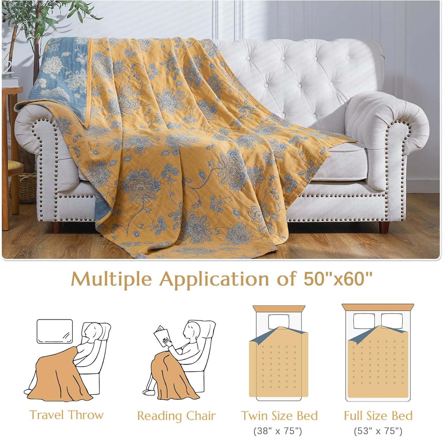 jinchan Boho 100% Cotton Muslin Twin Size 50x60 Inches Blanket Lightweight 4-Layer Quilted Soft Yellow and Blue Floral Throw Blanket Reversible Comfy Flower Breathable All Seasons Couch Bedroom Decor