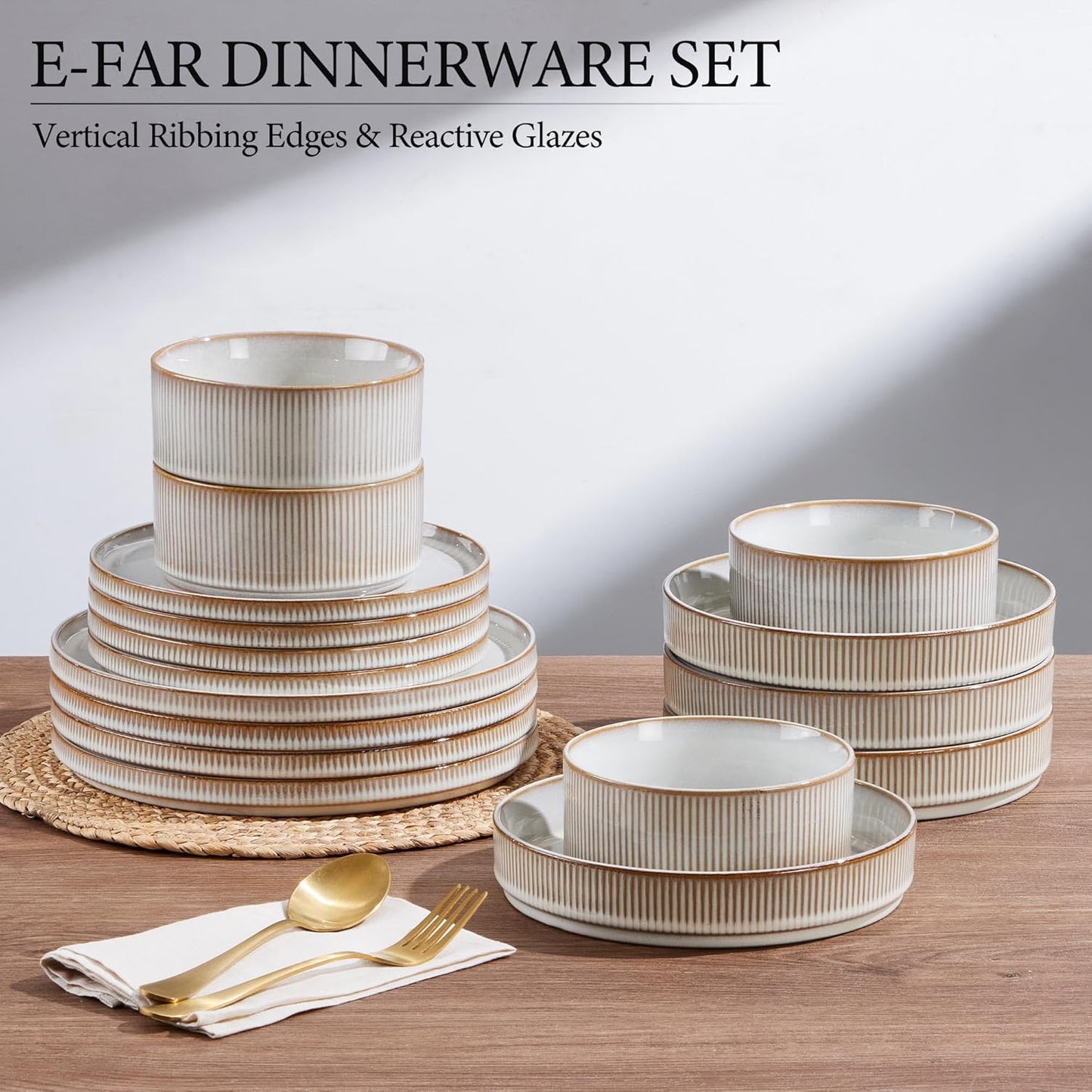 E-far 16 Piece Dinnerware Sets, Plates and Bowls with Pasta Bowls Service for 4, Modern Stoneware Ribbed Dishes for Kitchen Dining, Microwave & Dishwasher Safe, Creamy Beige