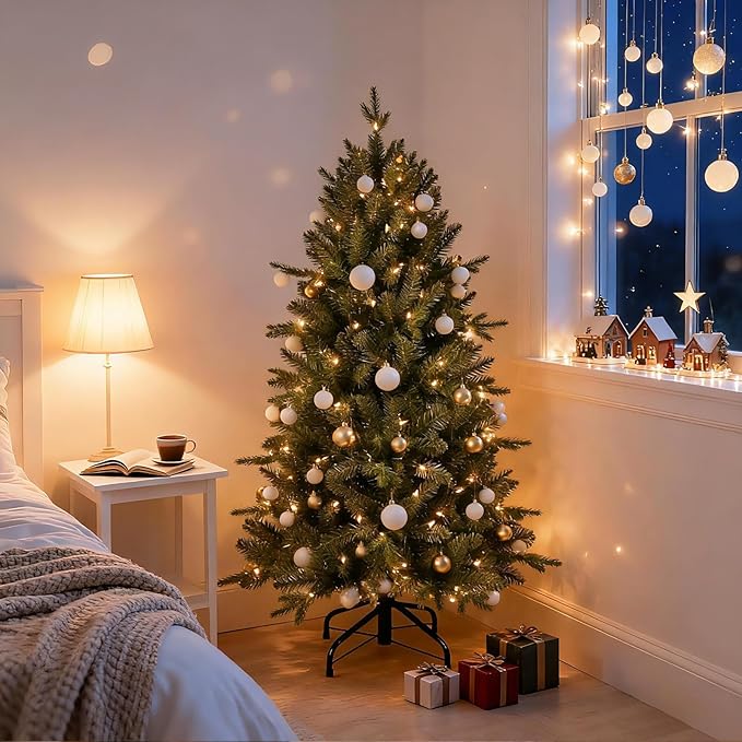 4FT Pre-Lit Artificial Christmas Tree with 628 PE&PVC Mixed Branch Tips, 200 Warm White Lights, Hinged Premium Spruce Fake Xmas Trees, Green, Foldable Base