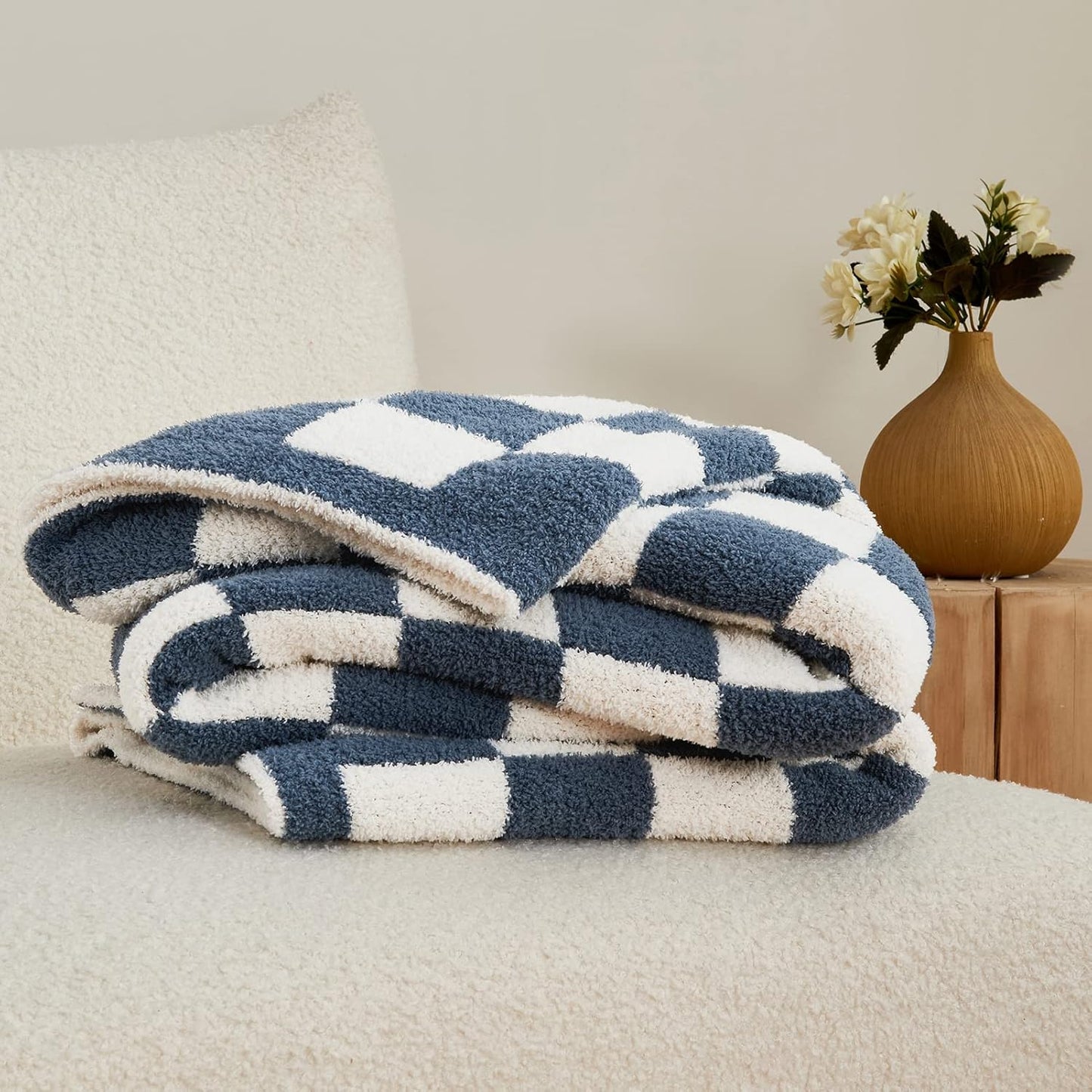 CozeCube Super Soft Fullfy Microfiber Reversible Knitted Blankets, Warm Cozy Fuzzy Plush Throw, Dusty Blue and White Checkered Throw Blanket for Couch Bed Sofa, 50" x 60"