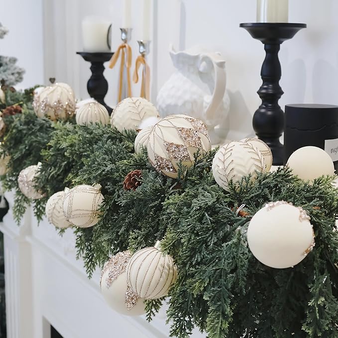 3.15INCH Beige Velvet Ornaments for Christmas Tree, 12PCS Glitter Flocked Christmas Ornaments Decorations Balls Set Decor