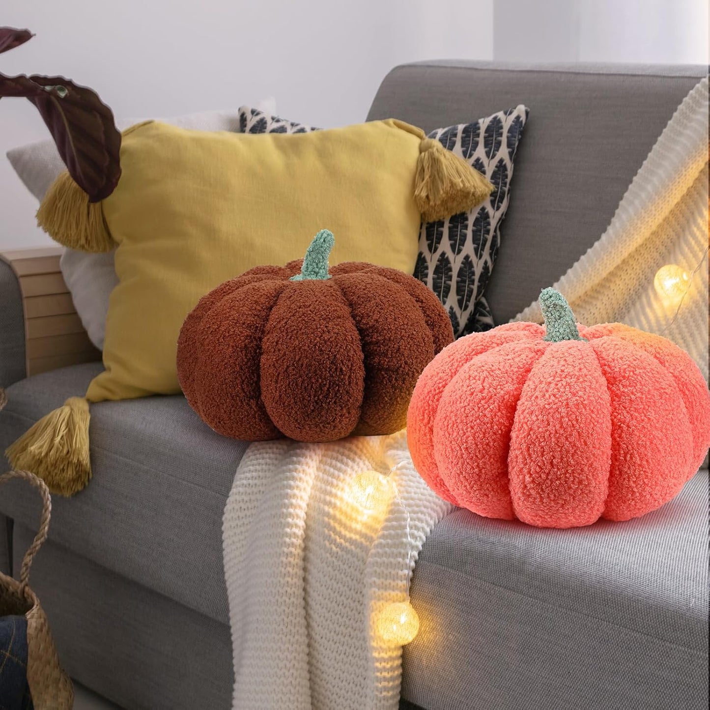 Kajaia 2 Pcs Simulated Pumpkin Pillow Plush 11 x 9.5 Inch 3D Cushion Fall Decorations Stuffed Throw Pillows Toy for Thanksgiving Christmas Halloween Bedroom Sofa Couch Supplies (Orange,Brown)