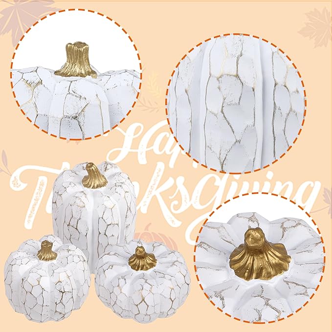 winemana Pumpkins Fall Decorations for Home- Set of 3 Elegant White Pumpkin Resin Thanksgiving Centerpiece for Table, Mantel, Porch & Indoor, Textured Neutral Farmhouse Autumn Harvest Decor (White)