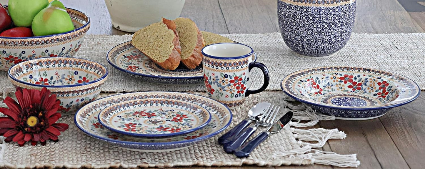 Blue Rose Polish Pottery - Red Daisy Dessert Plate - 7" Diameter - Beautiful Plate for Cake, Appetizers, or Snacks
