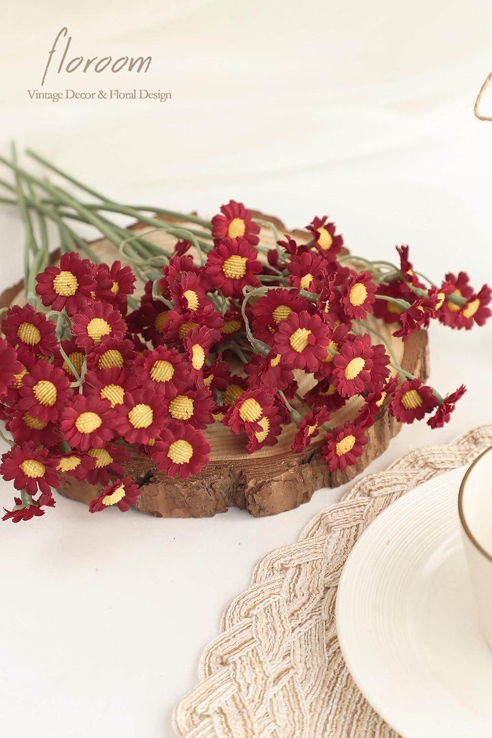 Floroom 24pcs Burgundy Small Artificial Flowers Faux Silk Daisies Fake Wildflowers with Stems for DIY Red Wedding Bouquets Floral Arrangements Party Decor Centerpieces Decorations (Vase Not Included)