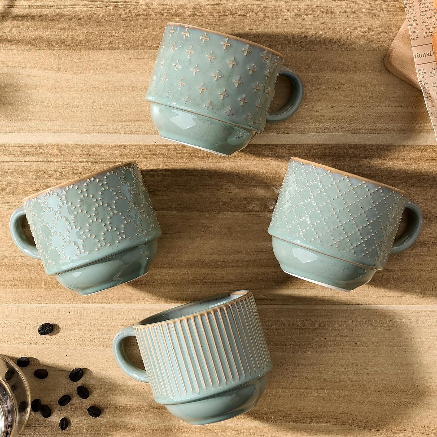 JIEMEI HOME Large Ceramic Coffee Mug Set of 4 with Stand, 15 Oz Stackable Embossment Ribbed Latte Cup Set for Cappuccino, Latte, Tea, Hot Cocoa, Drinks - Dishwasher & Microwave Safe, Vintage Turquoise