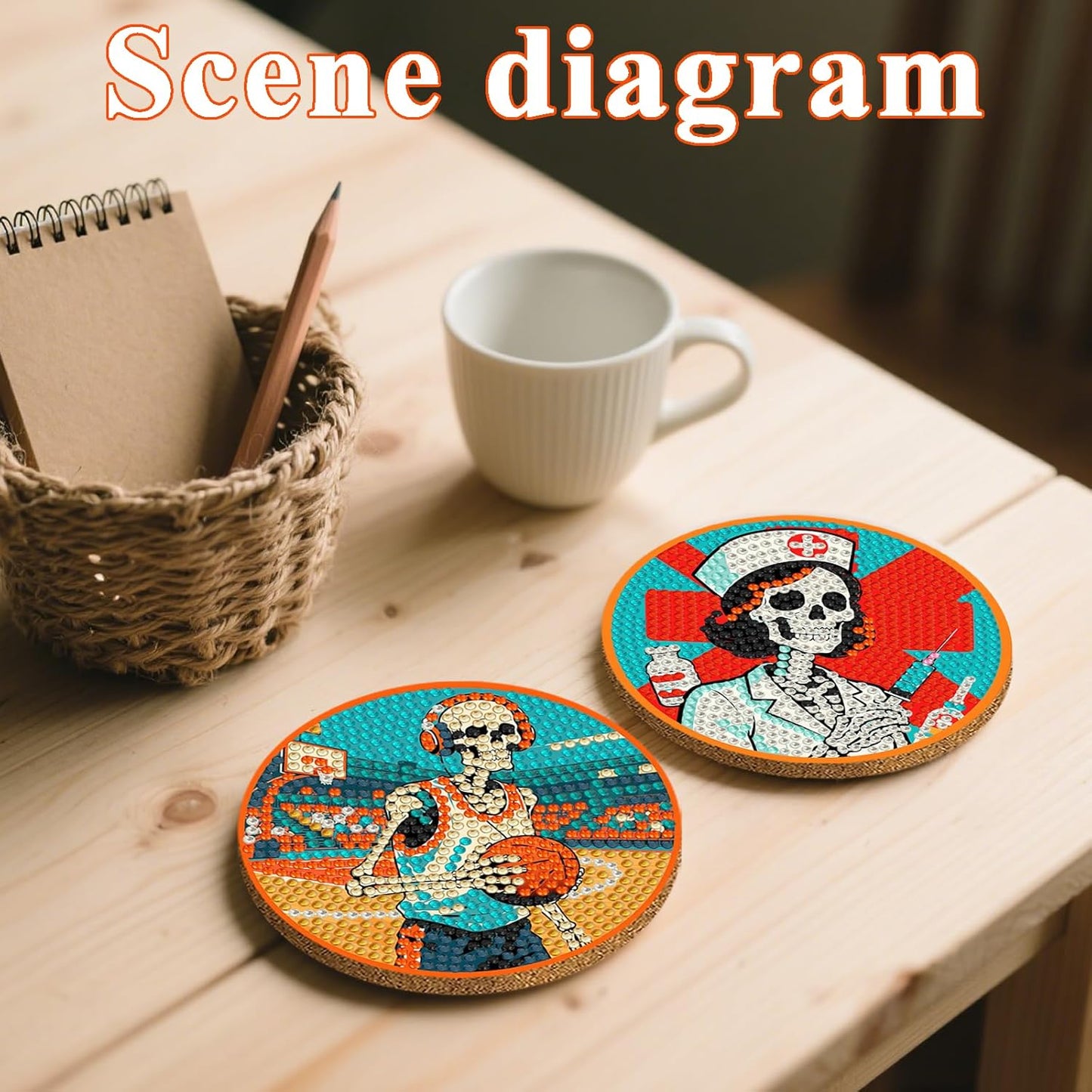 DOTSOPS Skull Diamond Painting Coaster with Holder 5D Diamond Art Kits for Adults Round Full Drill Beginners Gem Dots Craft Arts Supplies Party Home Decor 8pcs