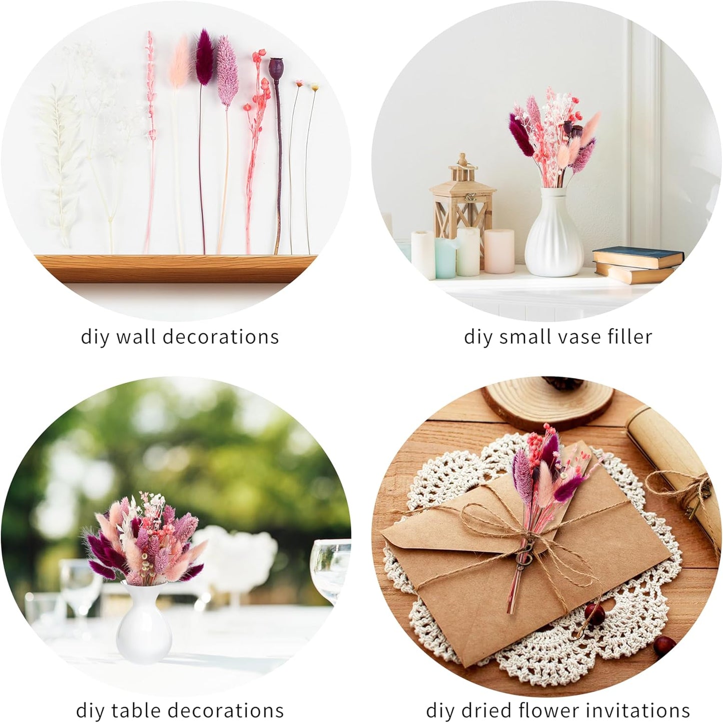 DIY Natural Real Dried Flowers Kit for Crafts Mini Dried Florals with Stems Bouquets for Vase Candle Making Resin Jewelry Nail Pendant Cards Scrapbooking Floral Arrangement Handcraft (Pink)