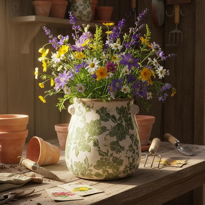 Vintage Green and White Ceramic Floral Vase Planter, Rustic Crackle Glaze Pottery Jar, Hand-Painted Floral Pot Design for Flowers or Plants, Farmhouse & Cottage Home Decor Accent