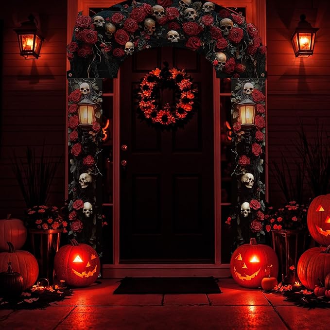 3 Pcs Halloween Cemetery Archway Halloween Cemetery Banners Gothic Outdoor Banners Sign Banner Decorations for Outdoor Party Supplies (Skull Rose)