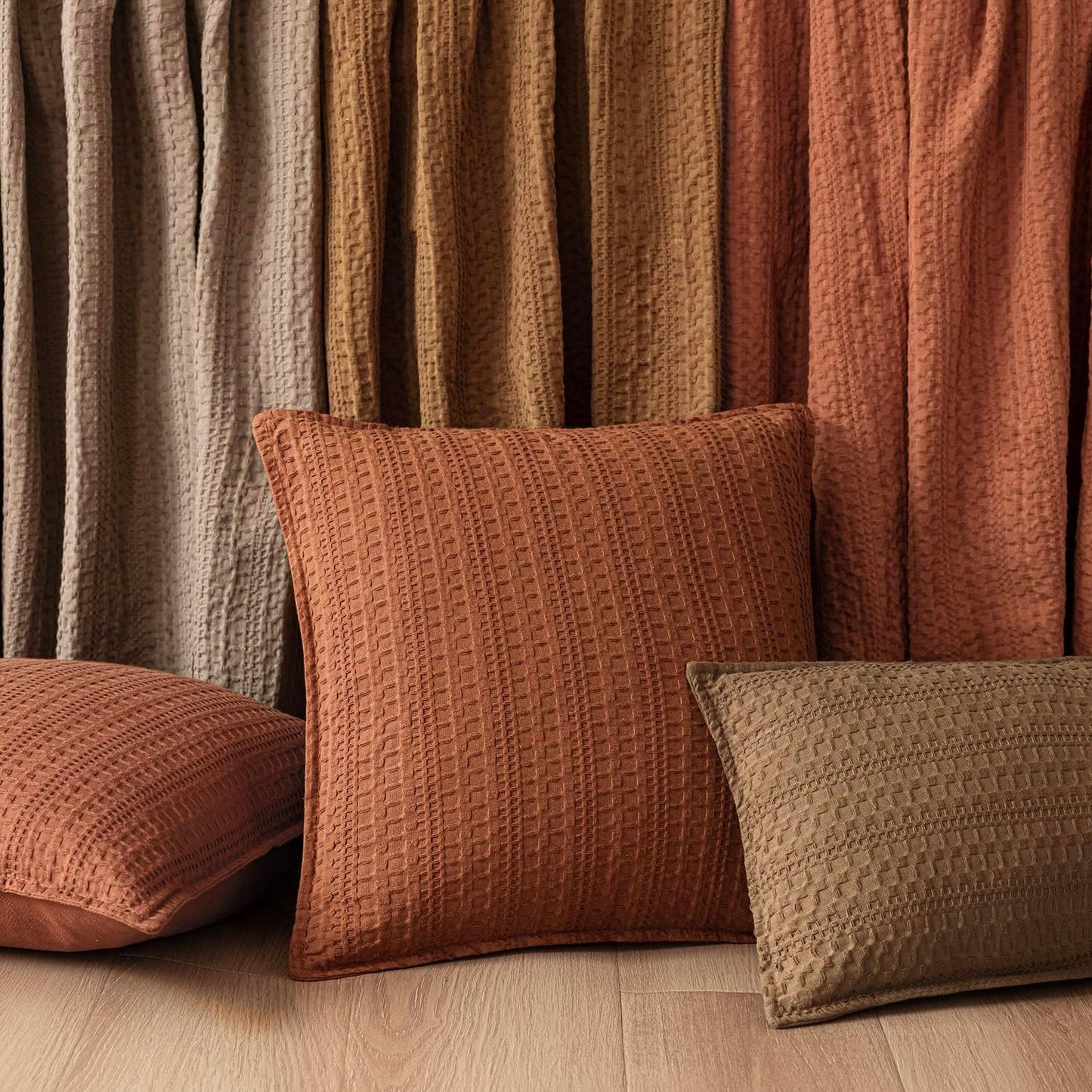 Foindtower Set of 2 Decorative Cotton Waffle Weave Throw Pillow Covers Euro Shams Cushion Covers Accent European Pillowcase for Bed Couch Sofa Bedroom Living Room Home Decor 18×18 Inch Orange Brown