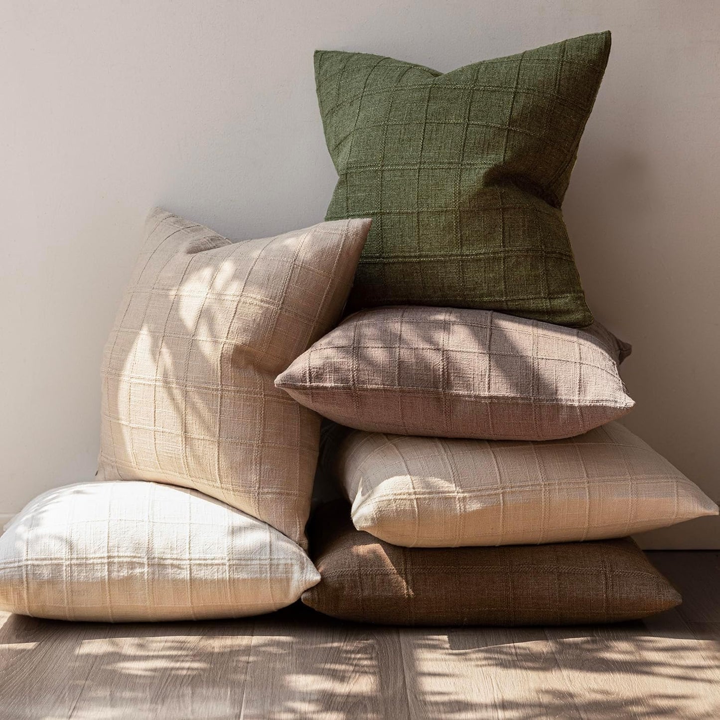 Foindtower Set of 2 Decorative Linen Check Throw Pillow Covers Neutral Farmhouse Vintage Cushion Covers Modern Boho Home Decor for Sofa Chair Couch Bedroom Living Room,18×18 Inch,Olive Green