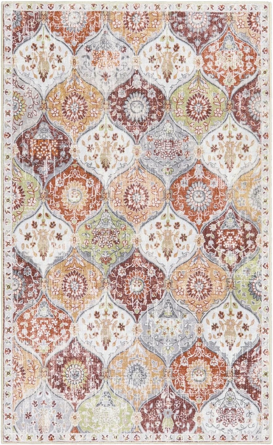 Lahome Moroccan Trellis Washable Small Area Rug, 3x5 Black Rug for Bedroom Living Room, Non-Slip Oriental Accent Throw Carpet for Kitchen Office Entryway Bathroom Office, Orange/Terracotta