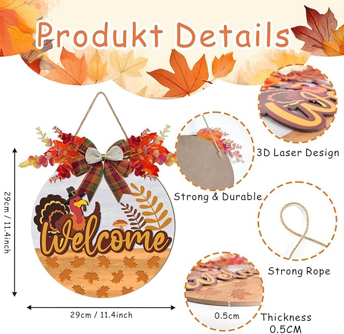 3D Welcome Fall Sign,Turkey Door Hanger Autumn,Hello Fall Door Wreath,Thanksgiving Day Wall Decoration,Maple Leaves Harvest Turkey Porch Sign for Home Farmhouse Yard Indoor Office Party