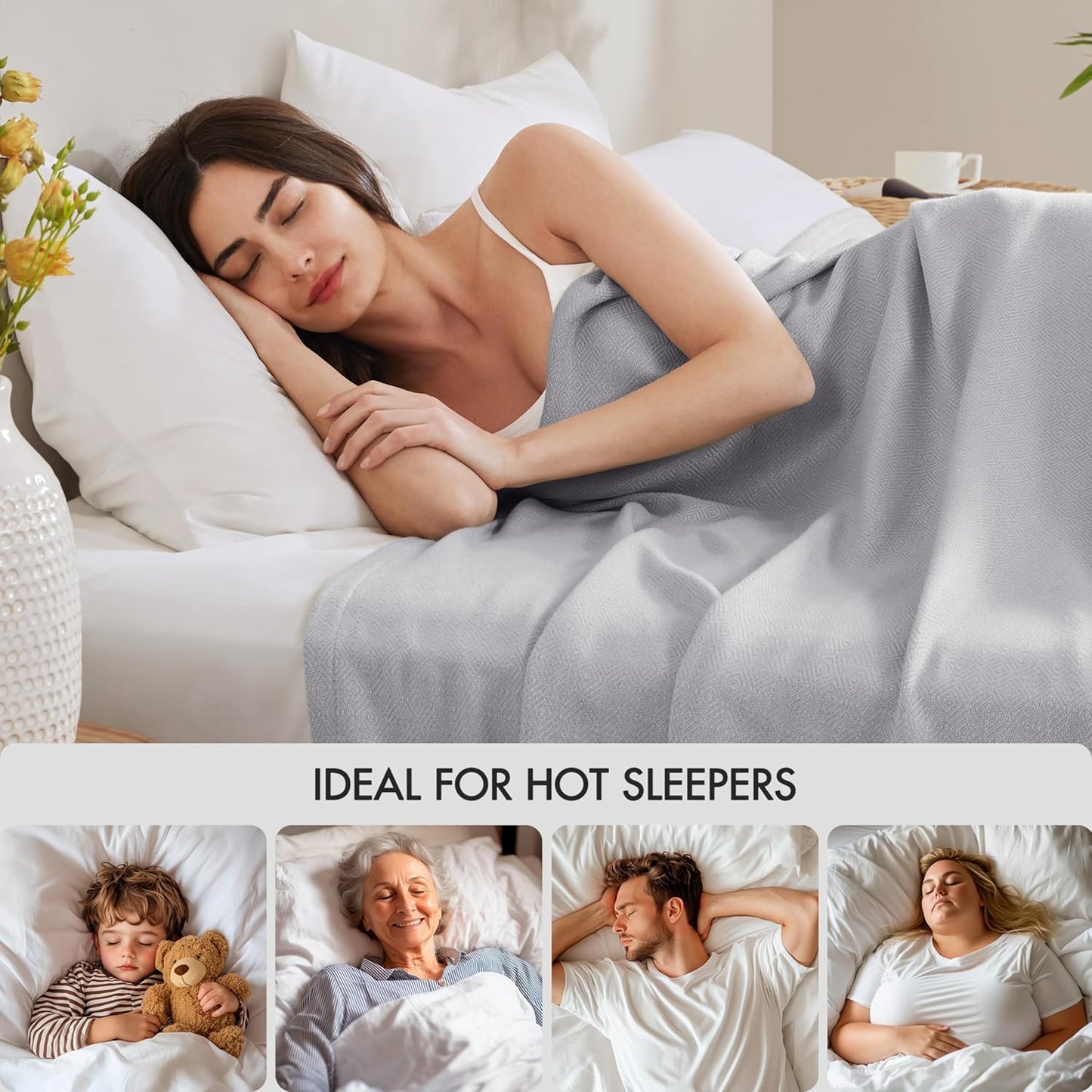 Madison Park Queen Size Blanket, 70% Rayon Bamboo-Based, 30% Cotton, Breathable for Hot Sleepers Menopause, Ultra Soft and Snag-Resistant, Summer Blanket for Bed or Couch, Queen 90"x90" Grey