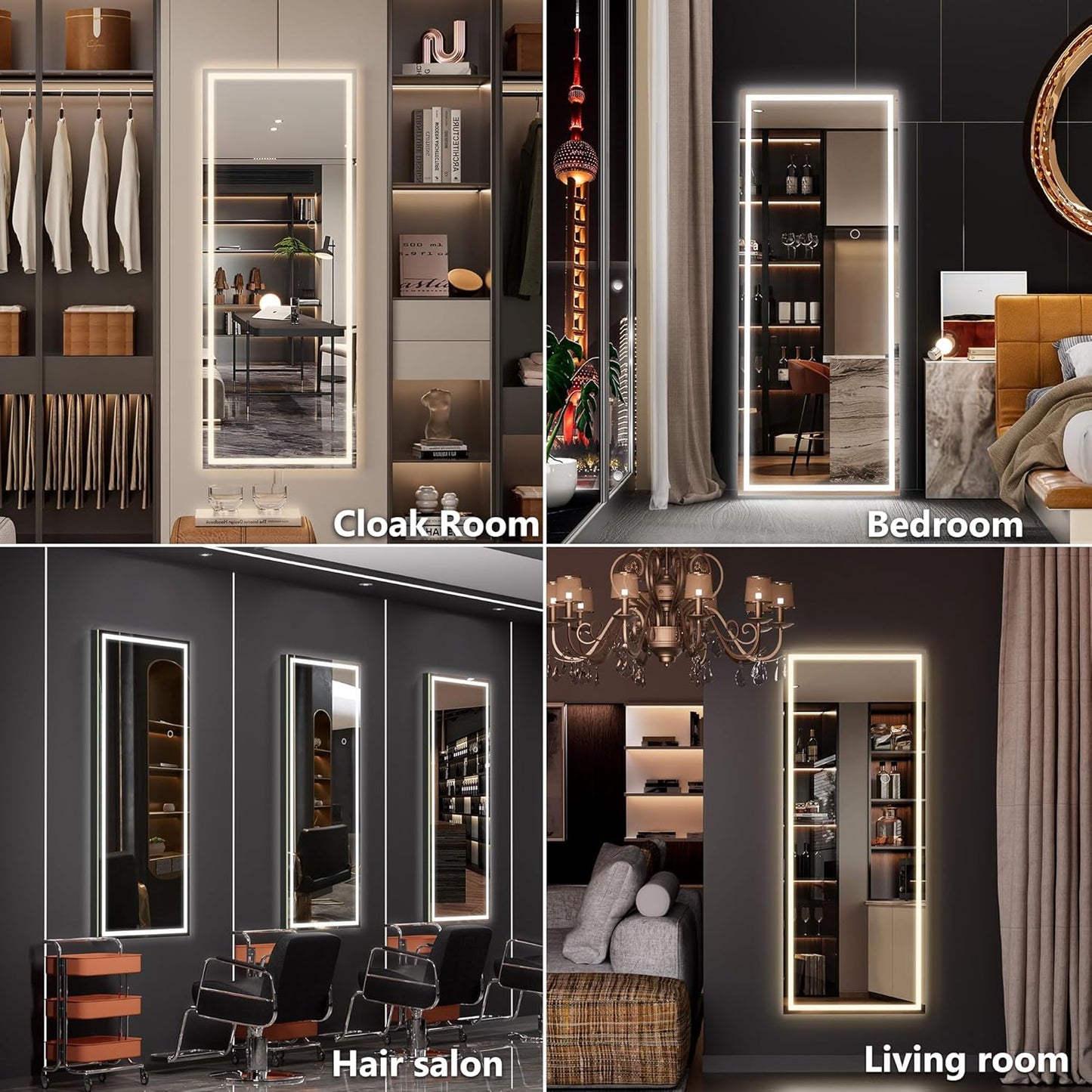 Hasipu LED Over Door Mirror Full Length, 44" x 15.8" Lighted Full Body Wall Mounted Mirror, Light Up Long Dressing Mirror, Square Black