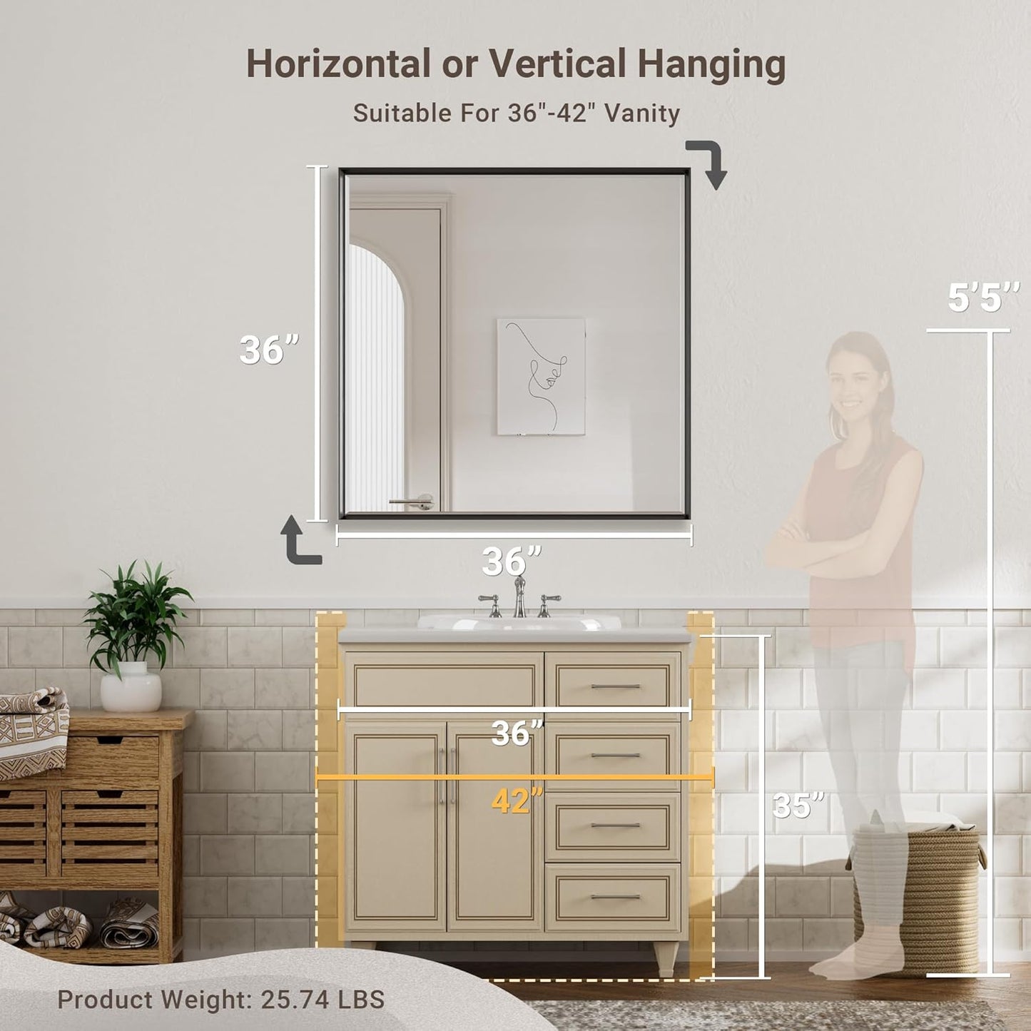 Black Framed Mirror for Bathroom 36x36 Inch Square Beveled Bathroom Mirror, Matte Black Metal Frame Bathroom Mirror, Shatterproof Black Mirror for Bathroom Wall