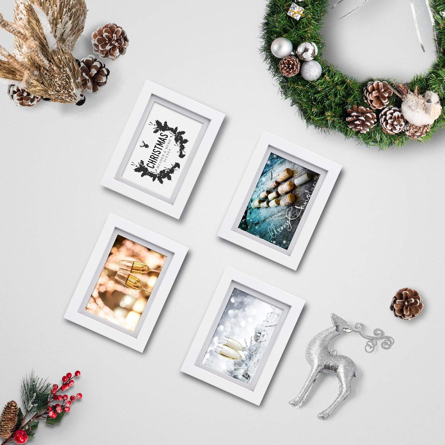 Egofine 5x7 Picture Frames Set of 4, Made of Solid Wood Covered by Plexiglass 3.5x5 and 4x6 with Mat or 5x7 without Mat, for Table Top Display and Wall Mounting Photo Frame White