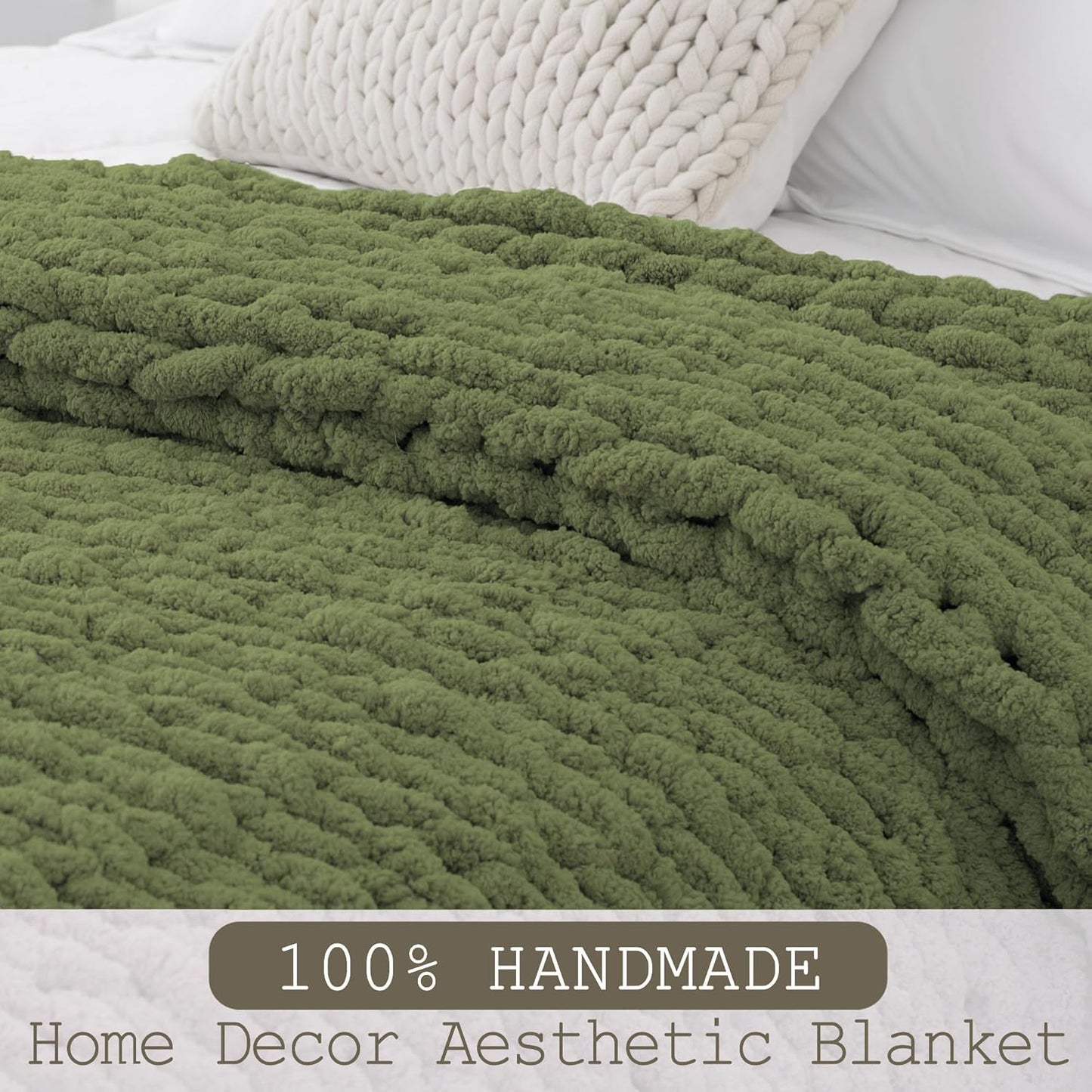 Chunky Knit Throw Blanket 60"X 80", 100% Handmade with Soft Chenille Yarn, 6.7lbs Thick Cable Knitted Blankets, Large Rope Knot Crochet Throws for Couch Sofa Bed Home Decor, Olive Green